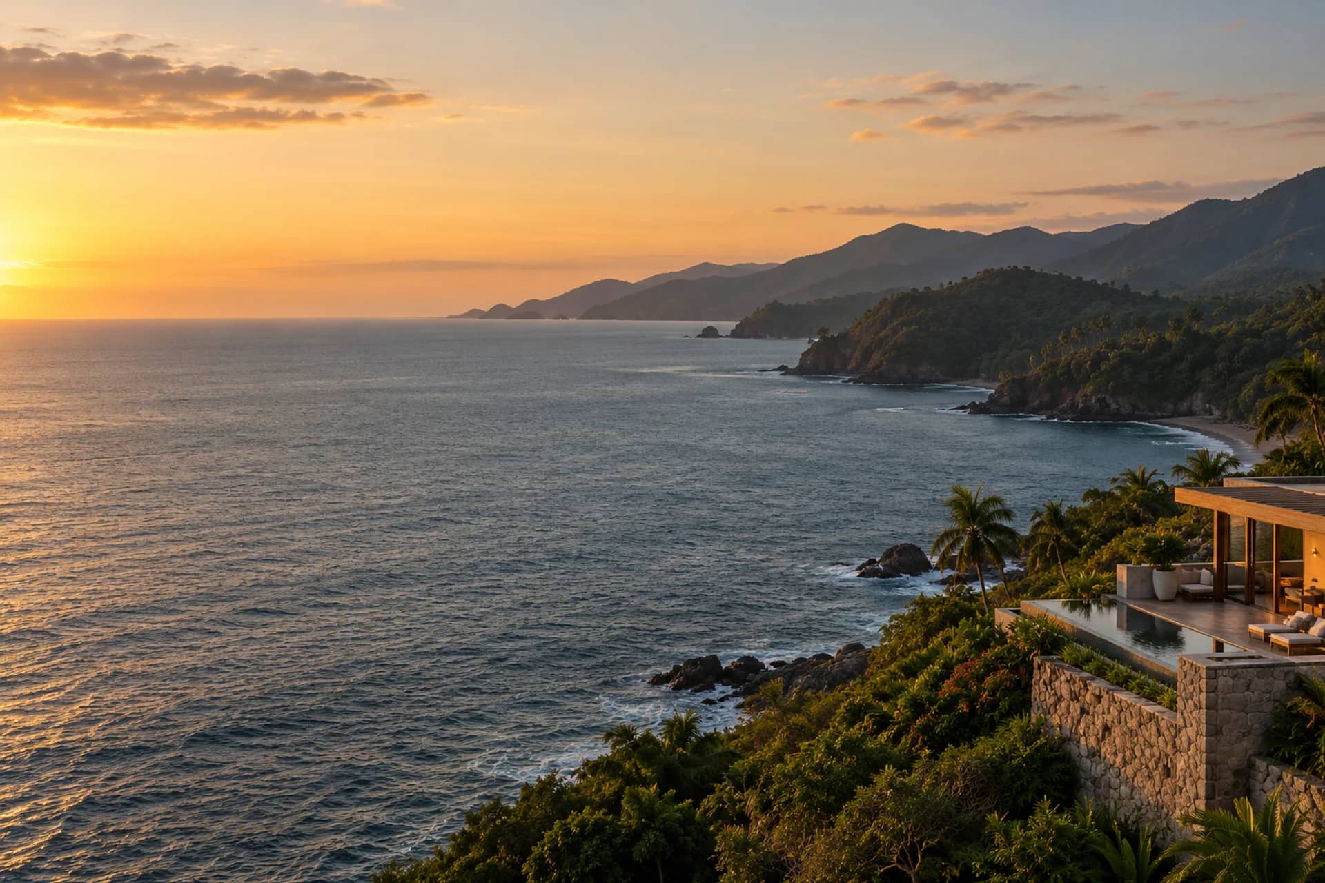 Illustrative Pacific coastline inspired by Riviera Nayarit