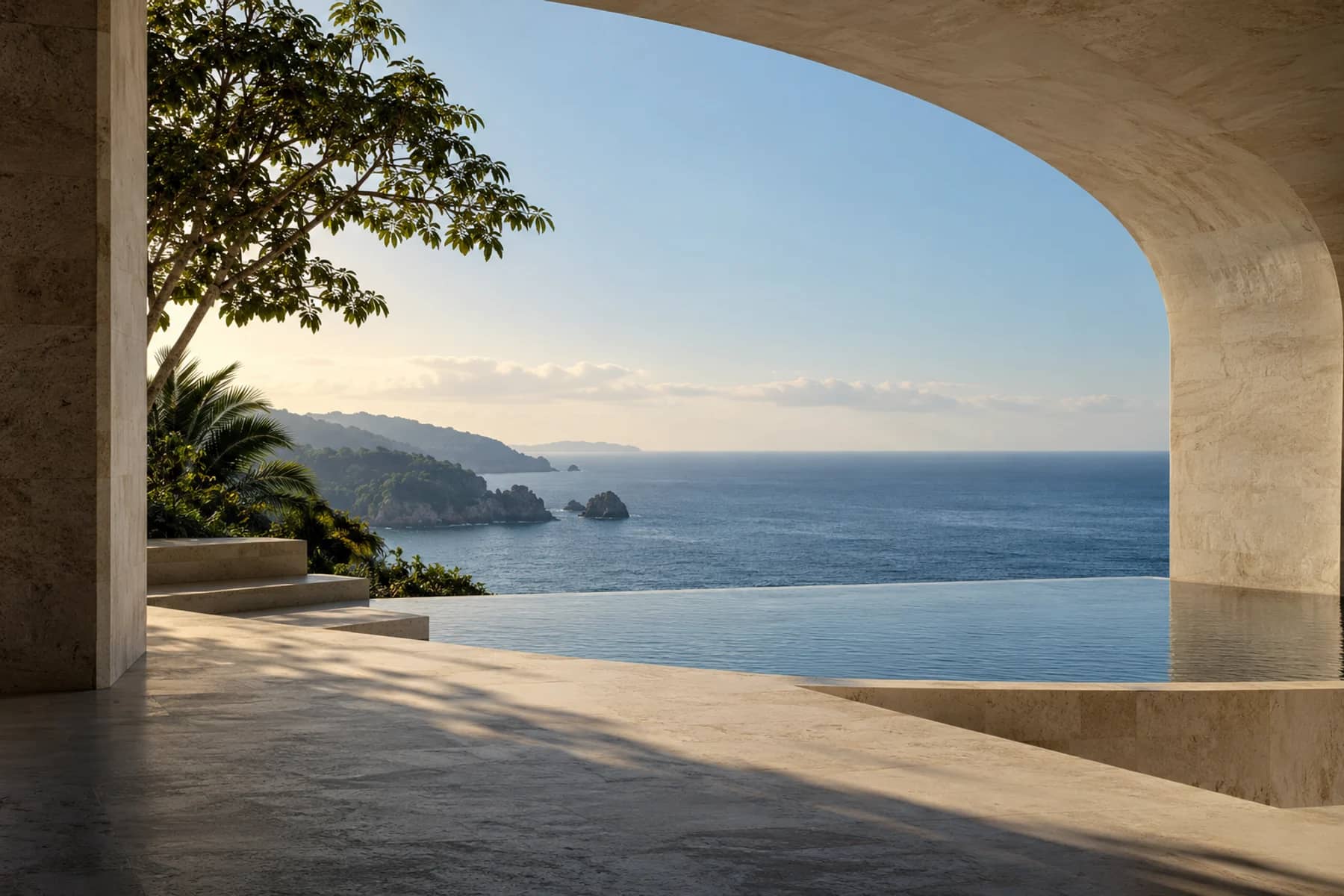 Illustrative stone terrace framing a Pacific ocean horizon